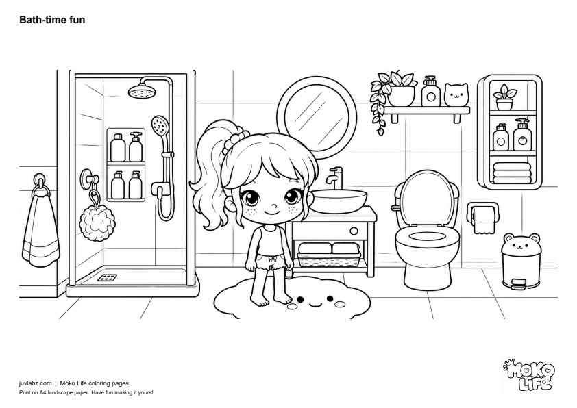Bath-time fun - black and white Moko Life coloring page