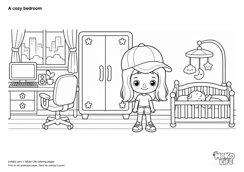A cozy bedroom - black and white Moko Life coloring page