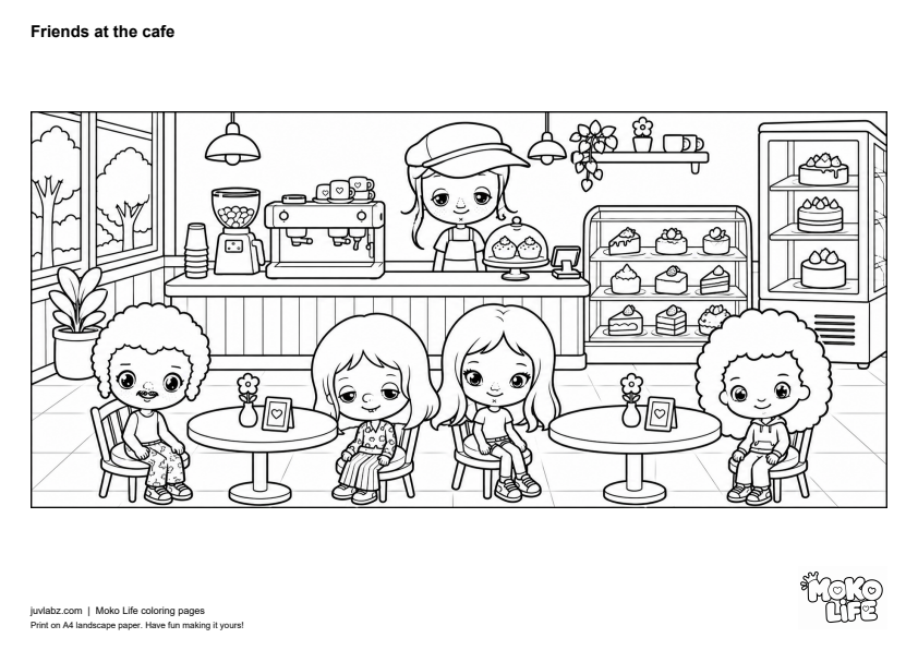 Friends at the cafe - black and white Moko Life coloring page