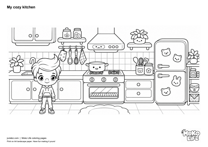 My cozy kitchen - black and white Moko Life coloring page