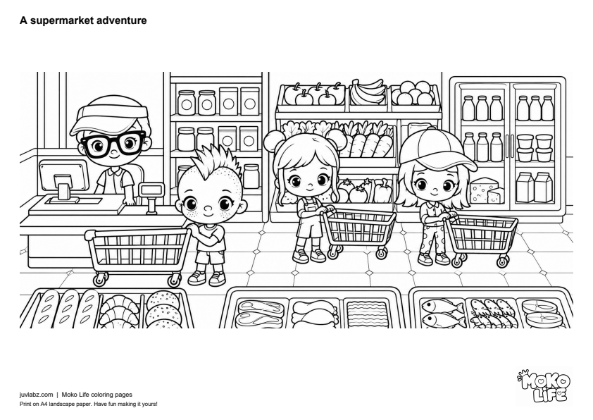 A supermarket adventure - black and white Moko Life coloring page