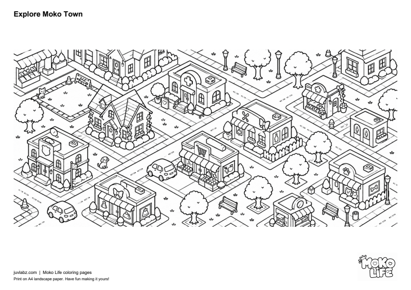 Explore Moko Town - black and white Moko Life coloring page