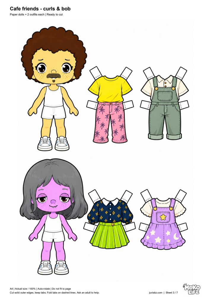Cafe friends - curls & bob - printable paper dolls and fold-tab clothes