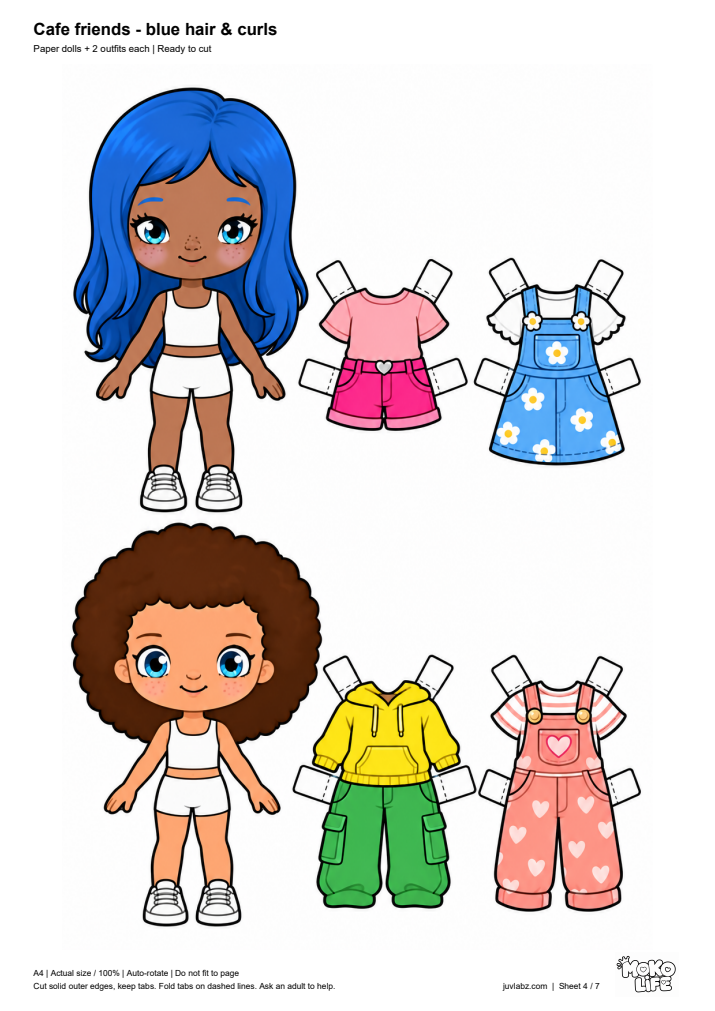 Moko Life cafe friends paper dolls with cut-out outfits