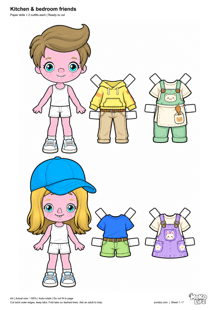 Moko Life kitchen & bedroom friends paper dolls with cut-out outfits