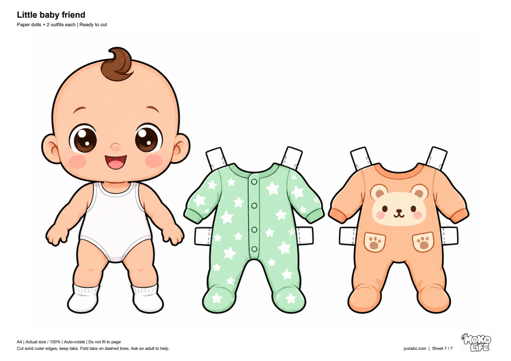 Little baby friend - printable paper dolls and fold-tab clothes