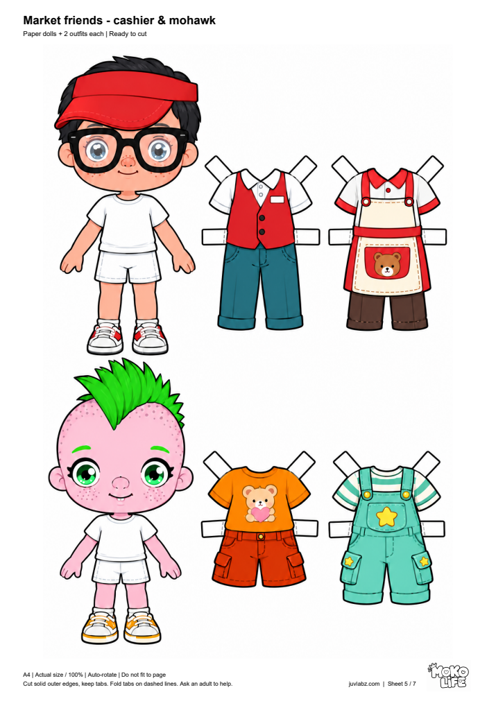 Market friends - cashier & mohawk - printable paper dolls and fold-tab clothes