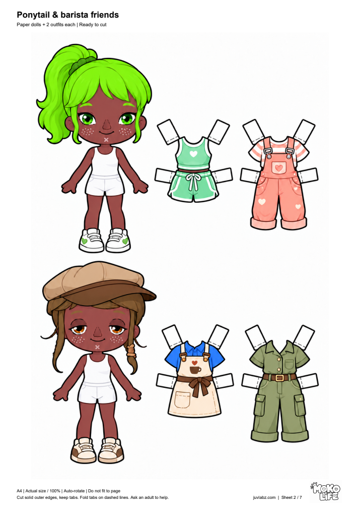 Ponytail & barista friends - printable paper dolls and fold-tab clothes